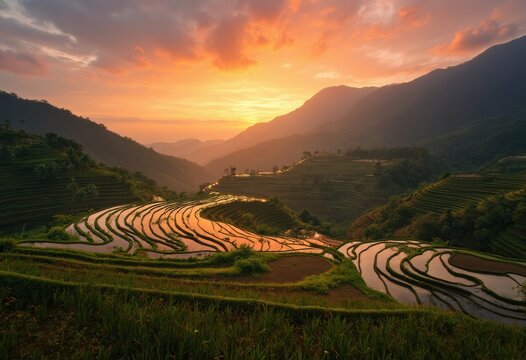 A Serene Sunset Over Rice Fields and Hills
