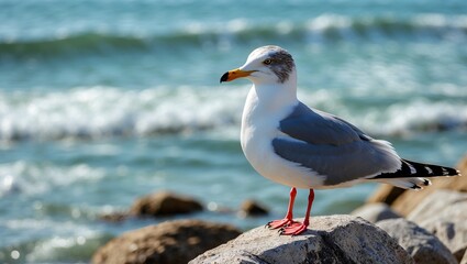 Naklejka premium Solitary seagull perched on rocks by seaside
