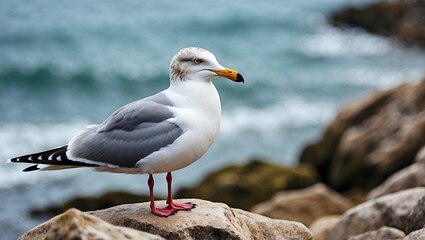 Obraz premium Solitary seagull perched on rocks by the sea