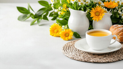 cheerful brunch setting with tea, flowers, and pastry
