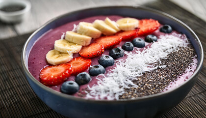 Acai Smoothie Bowl with Bananas, Strawberries, Blueberries, and Chia Seeds