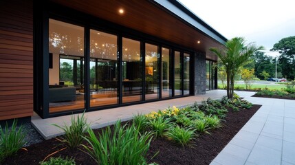 Modern home exterior, garden view, twilight, landscaping