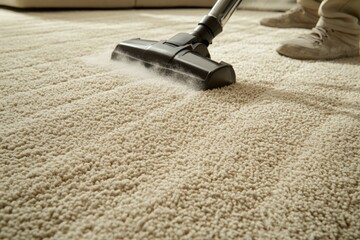 Close-up of carpet cleaning process with vacuum in living room setting