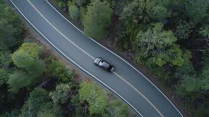 Aerial view of a car driving on a winding road surrounded by lush green forest.
