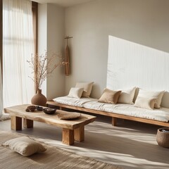 Bright minimalist living room features natural wood furniture and decor
