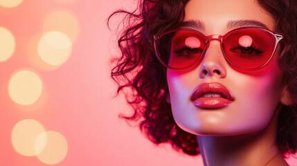 Fototapeta premium Chic young Caucasian woman in stylish sunglasses with red lenses against bokeh background, fashion portrait