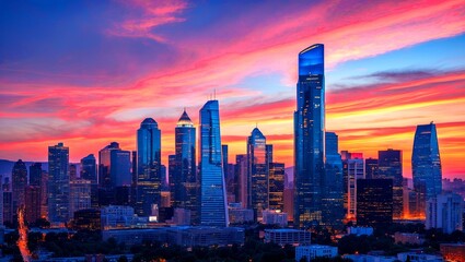 Stunning city skyline at sunset with vibrant colors