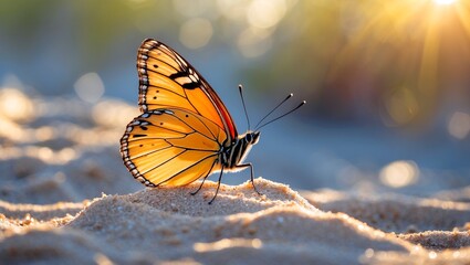 Obraz premium Stunning butterfly resting on sunlit sandy ground