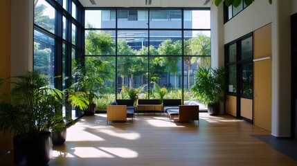 Modern office lobby sunlight plants meeting