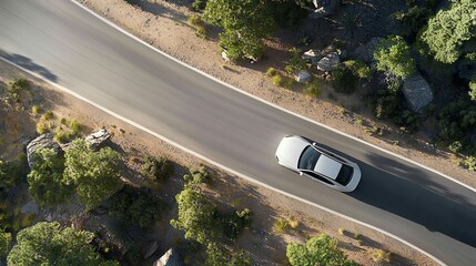 Aerial view of a car driving through a scenic forest road, surrounded by lush greenery and natural landscape.