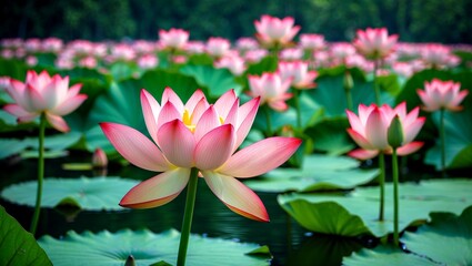 Obraz premium Stunning pink lotus flowers in tranquil water pond