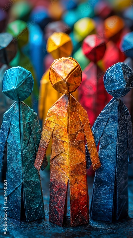 Poster a cluster of origami figures in various vibrant colors with a warm glow and soft shadows creates an 