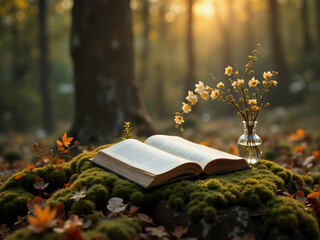 Serene Woodland Reading Scene with Open Book, Wildflowers, and Soft Golden Light, Evoking Tranquility and Nostalgia