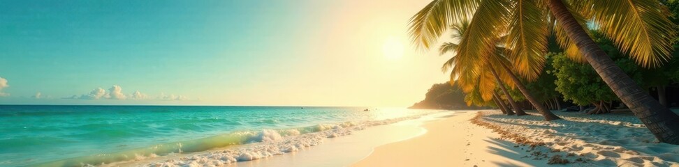 Obraz premium Sun-drenched beach, palm trees, vintage film grain , summer, texture