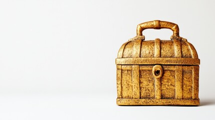 A vintage-style golden treasure chest with a sturdy handle, sitting against a plain background, evoking a sense of mystery and adventure.