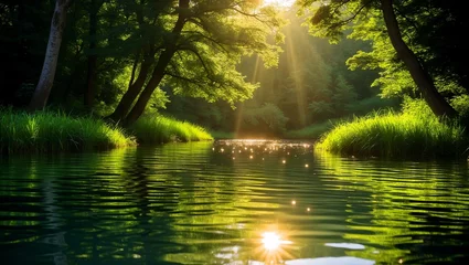 Tranquil nature scene with sunlit water reflections
