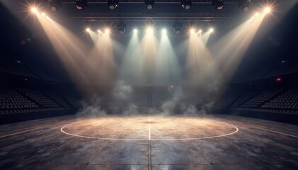 Concrete arena floor, smoky haze, dramatic spotlights, game, dystopian, dramatic lighting
