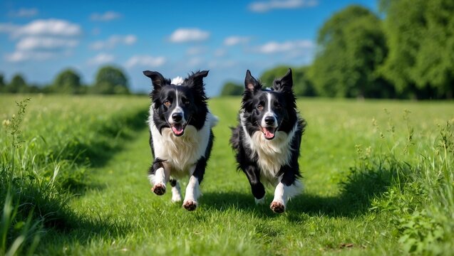Two joyful border collies sprinting through green field