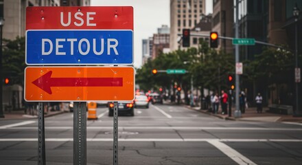 Use Detour Sign Directing Traffic on City Street with Buildings