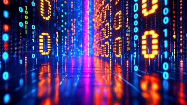 Vibrant abstract digital background with glowing binary numbers