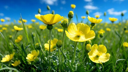 Vibrant buttercup flowers blooming in lush meadow