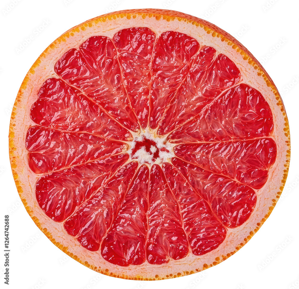 Poster overhead close up of sliced red grapefruit with juicy texture on transparent background