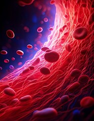 Highly detailed 3D medical illustration of red blood cells flowing through a blood vessel, representing circulation and human biology.


