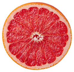 Overhead Close Up of Sliced Red Grapefruit with Juicy Texture on Transparent Background