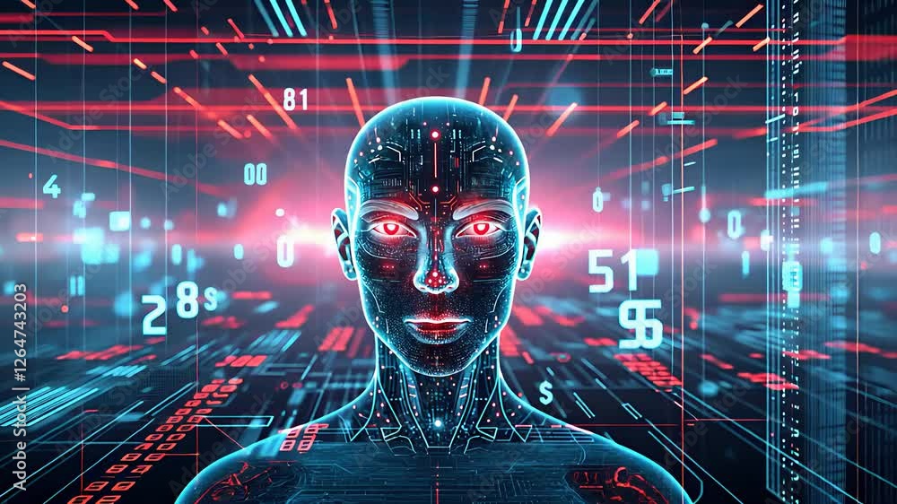 Poster futuristic artificial intelligence concept with a digital human face, glowing data streams, and high