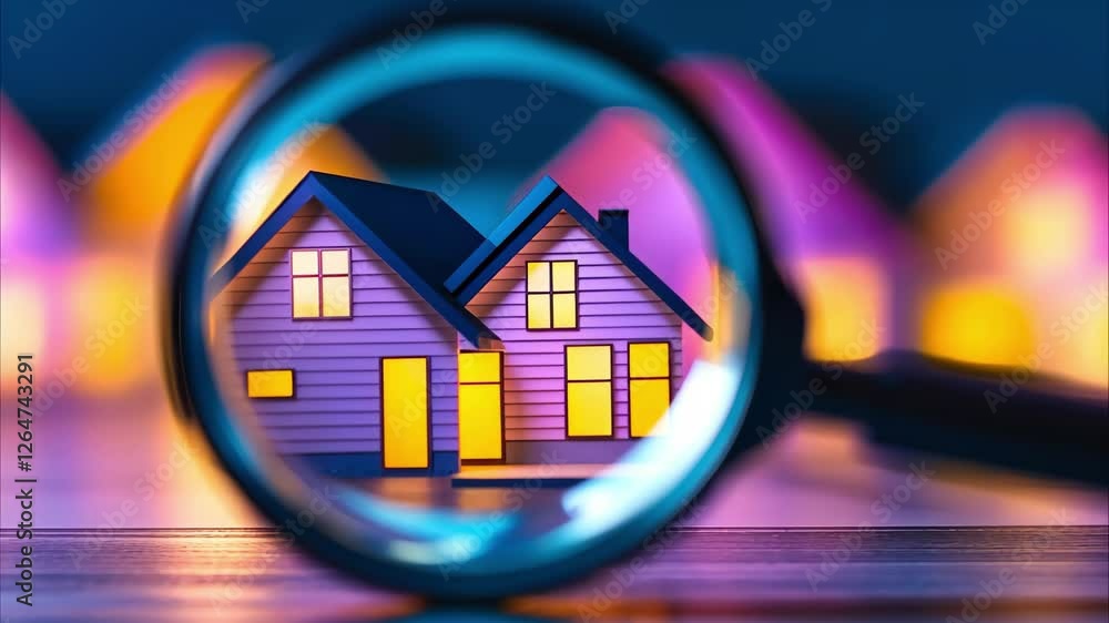 Poster a magnifying glass focuses on illuminated houses with blurred colorful shapes in the background, cre