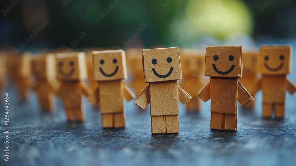 Poster a delightful scene of cardboard characters with joyful expressions standing together, symbolizing fr
