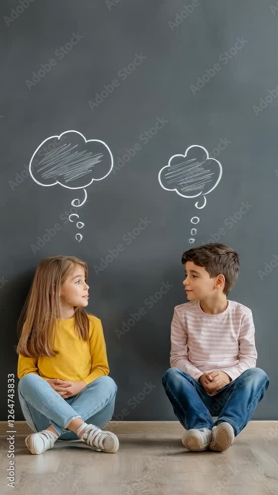 Poster young pupils sitting on classroom floor near blackboard, exchanging thoughtful ideas within animated