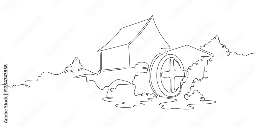 Poster continuous one line drawing water mill.an old mill on the river. one continuous line isolated minima