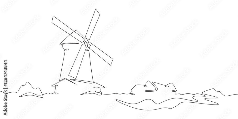 Poster continuous one line drawing windmill.an old mill on the plain. one continuous line isolated minimal 