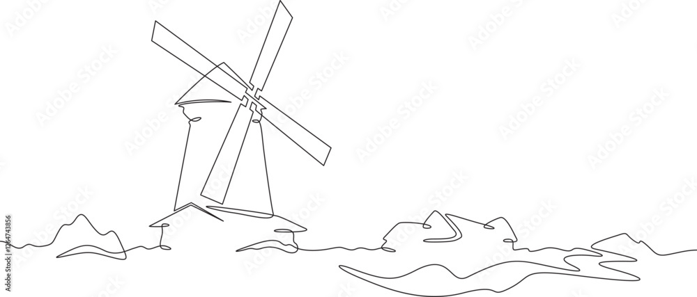 Poster continuous one line drawing windmill.an old mill on the plain. one continuous line isolated minimal 