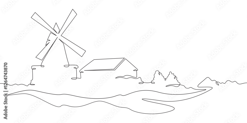 Poster continuous one line drawing windmill.an old mill on the plain. one continuous line isolated minimal 