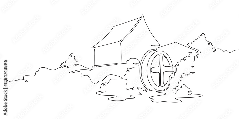 Poster continuous one line drawing water mill.an old mill on the river. one continuous line isolated minima