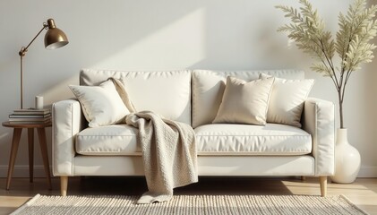 Cream sofa, knit throw, stacked books, side table, soft light , knit, peaceful