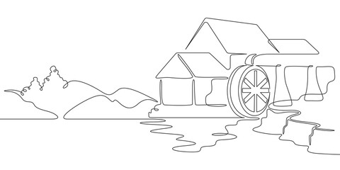 Continuous one line drawing water mill.An old mill on the river. One continuous line isolated minimal illustration.Not AI. © derplan13