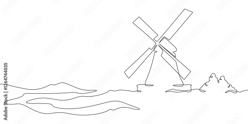 Poster continuous one line drawing windmill.an old mill on the plain. one continuous line isolated minimal 