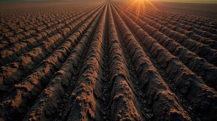 Golden Hour Illumination on Cultivated Farmland, Rows of Rich Brown Soil Basking in the Sunset's Rays