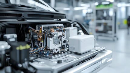 Fototapeta premium Close-up of a car's intricate electric motor exposed in a high-tech environment, showcasing innovation and engineering.