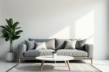 Grey sofa, white coffee table, potted plant, minimalist decor, modern interior, plant pot, coffee table