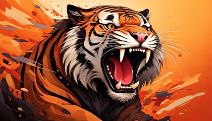 Fierce Roaring Tiger with Vibrant Orange and Black Fur, Surrounded by Bold Splashes of Paint in an Artistic Expression of Power and Energy

