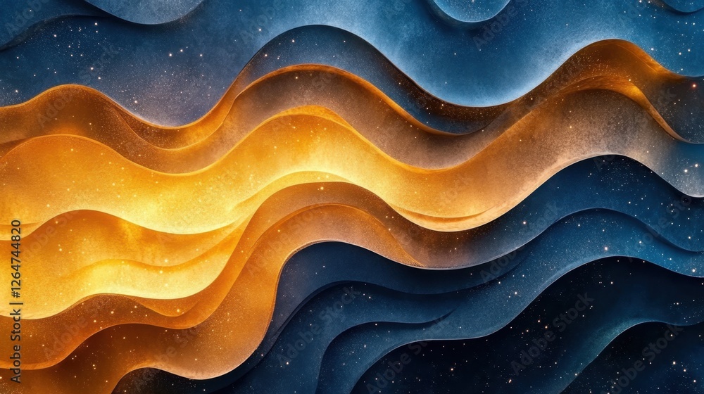 Poster luminous flowing shapes. bright gradients in twilight navy and desert gold. expansive curves merging