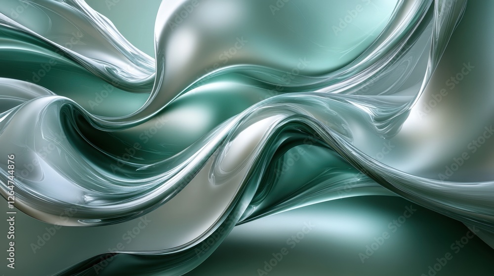 Poster luminous flowing shapes. bright gradients in pine green and moonlit silver. cascading curves merging