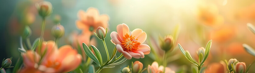 Obraz premium Soft pastel flowers blooming in a sunlit meadow.