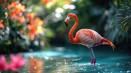 Fototapeta premium Vibrant flamingo standing gracefully in a serene tropical pond surrounded by lush flora