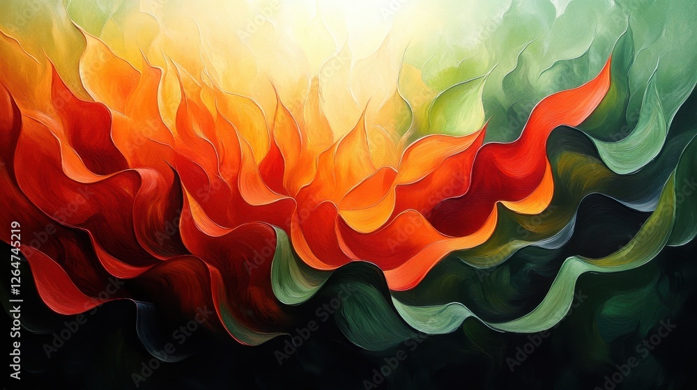 Poster luminous flowing shapes. bright gradients in moss green and fiery coral. undulating curves merging i