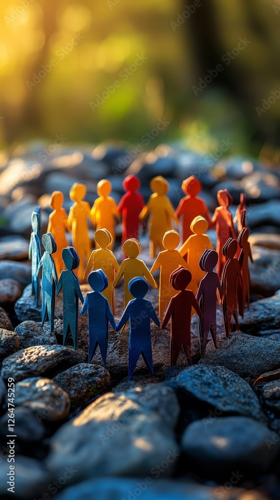 Poster a vibrant circle of colorful paper figures holding hands illustrates unity and collective strength, 